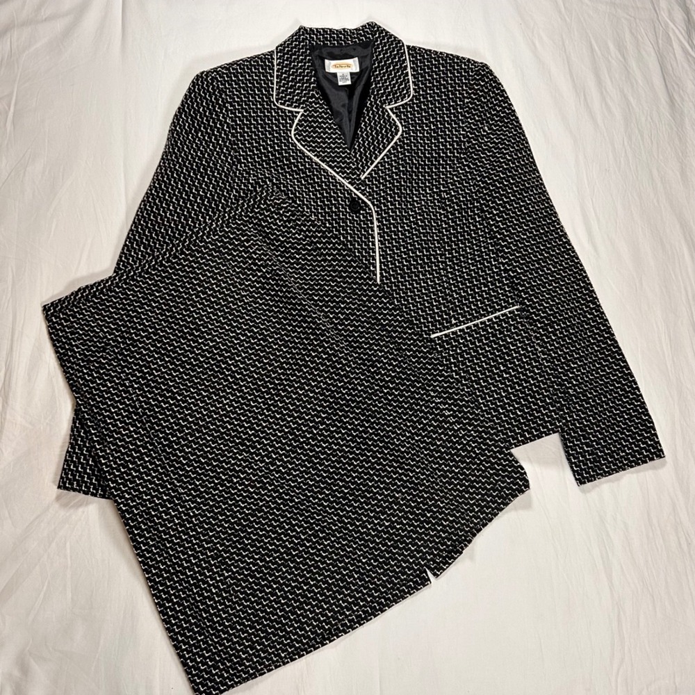 Talbots VTG Skirt Suit Set Black White Woven Blazer 6/ Skirt 8 USA Dark Academia